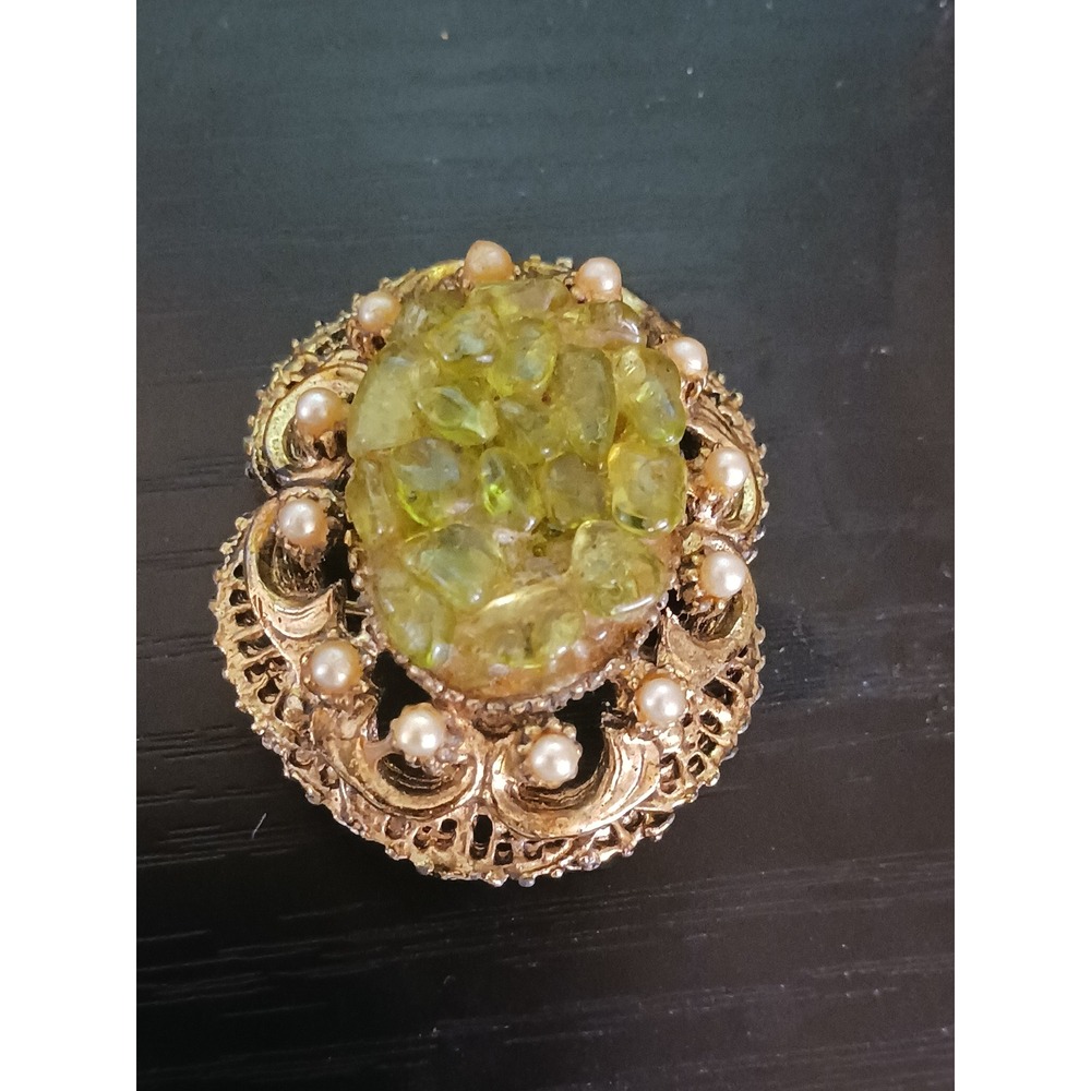 Vintage Goldtone Filigree Brooch Faux Pearl Peridot Green Crushed Stone Glows UV